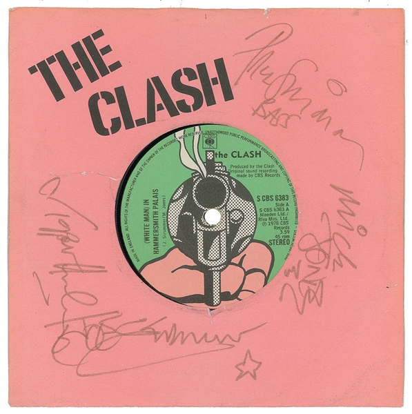 The Clash's single for '(White Man) In Hammersmith Palais/The Prisoner with a pink background and green circle with a viewer facing shotgun, which references reggae album artwork.