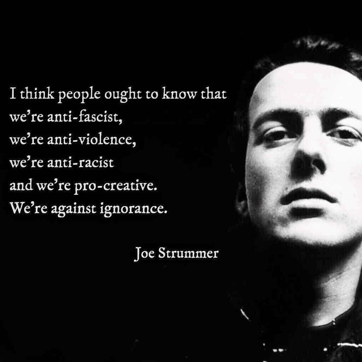 A closeup image of Joe with a quote that says his philosophy 'I think people ought to know that we're anti-fascist, we're anti-violence, we're anti-racist and we're pro-creative. We're against ignorance.'