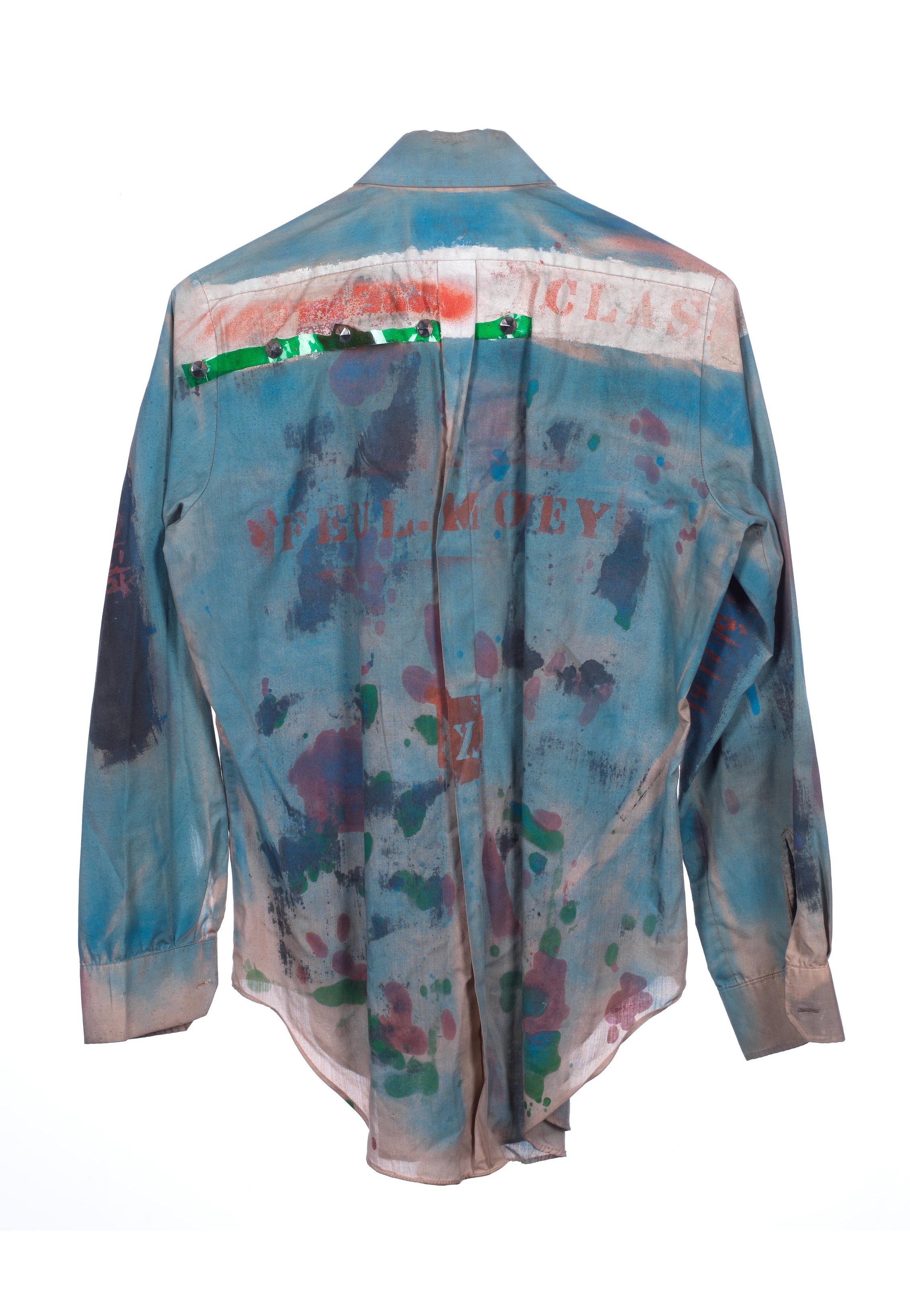 Joe's custom spray painted and stenciled shirt from The Clash's start in 1976. It is blue with red splatters & white lettering.