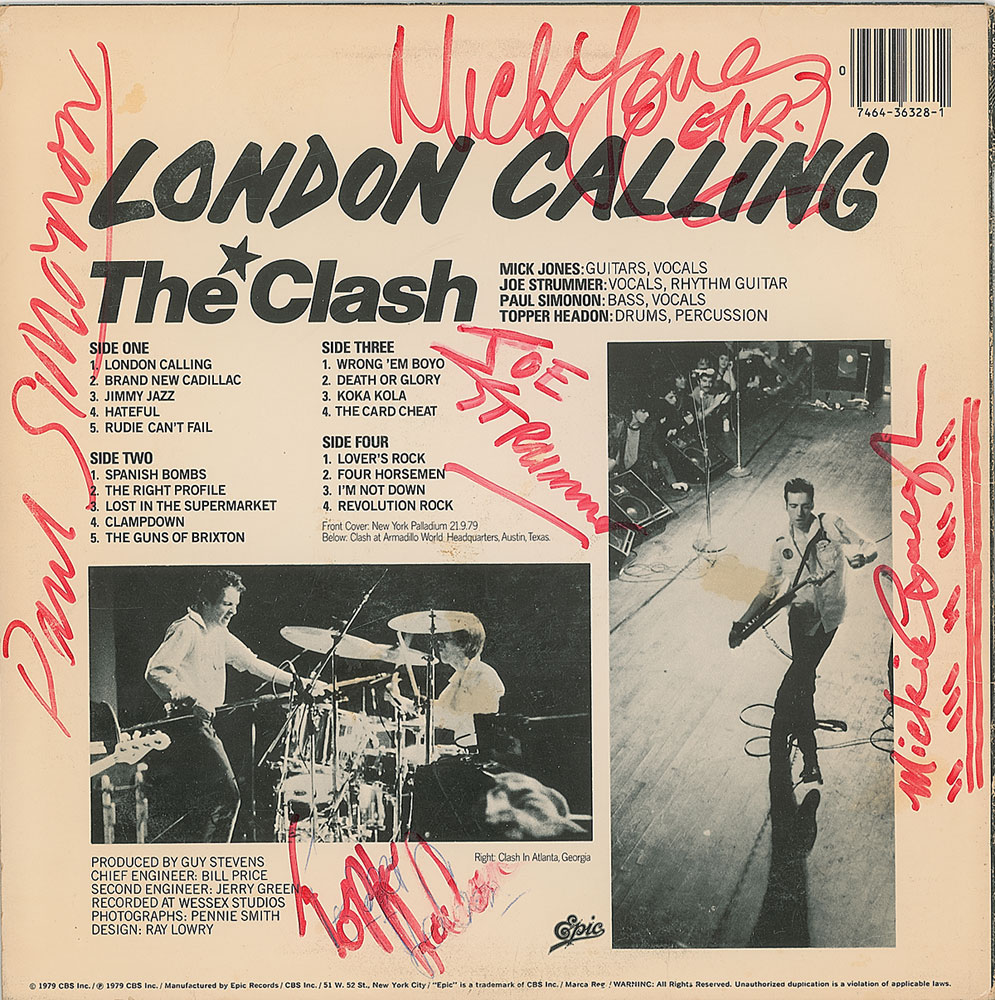 The Clash's London Calling LP back with pink signatures from all members.