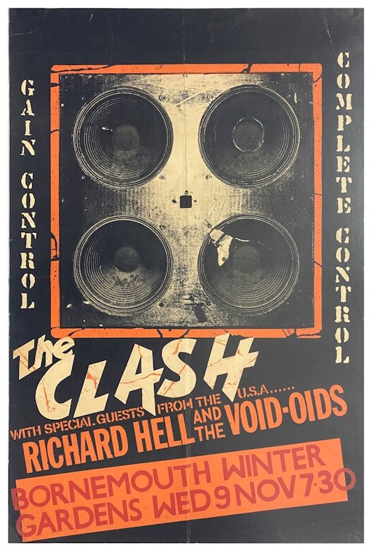 The Clash poster for a 1977 gig that highlights a black and orange design with a square speaker.