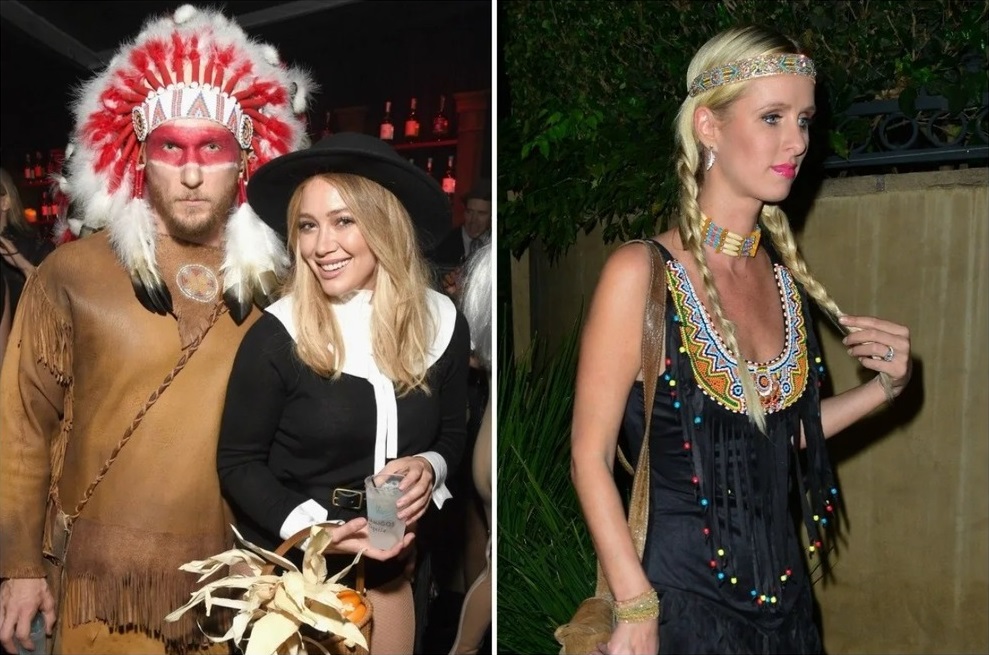 Two photographs show two women in Native American Costumes. Hillary Duff's boyfriend has red face paint on and a large feather headdress. Nicky Hilton has a headband and braids, along with a black shirt with fringe and colorful beads and a necklace made to look like a traditional piece. Both costumes are filled with familar motifs, but not in their original context.