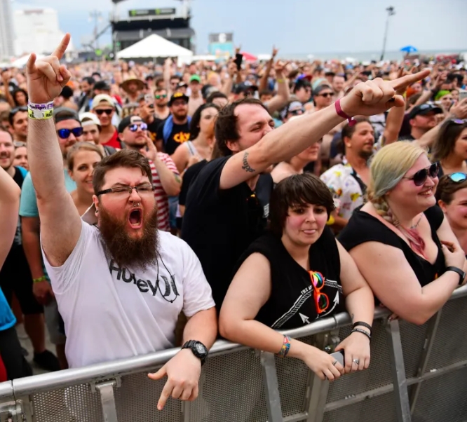 Concert goers at the front of a huge crowd rock-on with enthusiasm