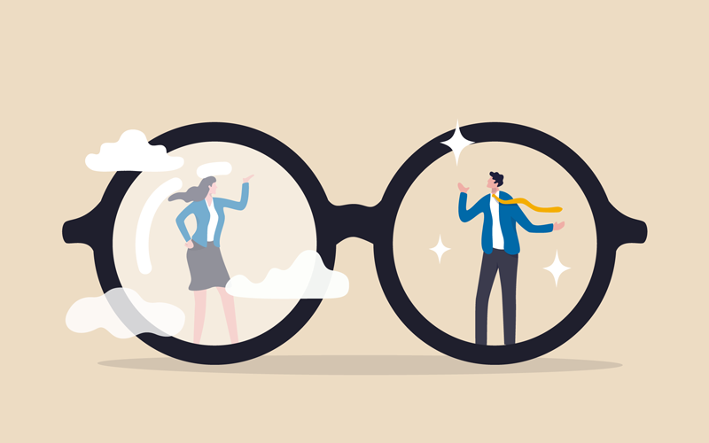 cartoon image of a pair of glasses. a male character is shown sparking in the right lens while a female character is shown in the left lens. which is dirty.