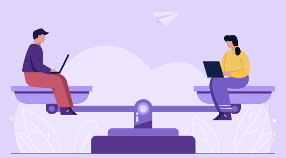 cartoon image, a balanced scale with a male character sitting on the left and a female character sitting on the right, both have laptops