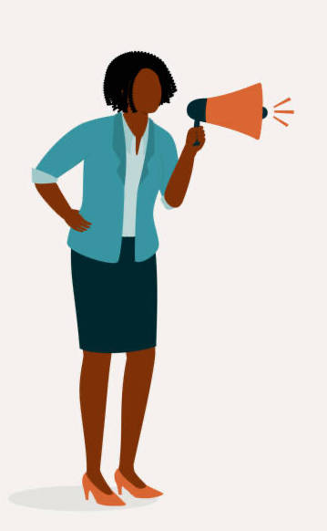 a cartoon woman holding a megaphone, pointed toward the text.