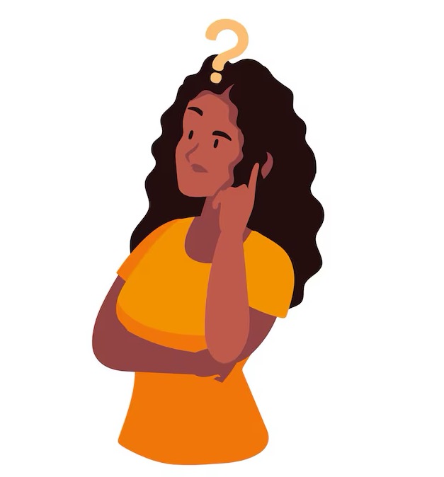 cartoon woman with a confused look and a question mark above her head.