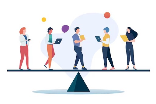 cartoon image, a balanced scale with a male character sitting on the left and a female character sitting on the right, both have laptops