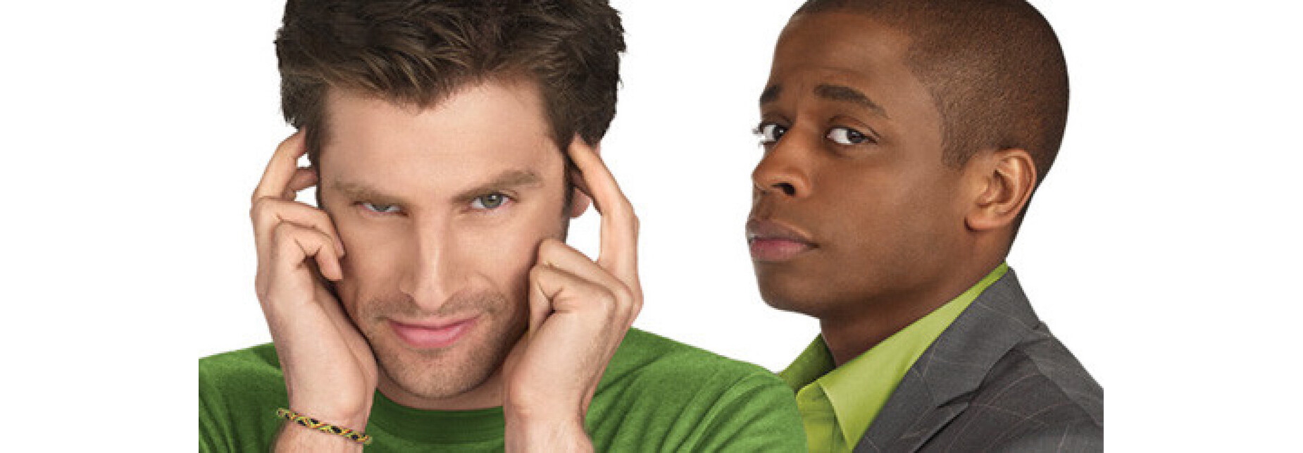 photo of shawn and gus. Shawn has both hands with fingers touching temples as if receiving a psychic vision