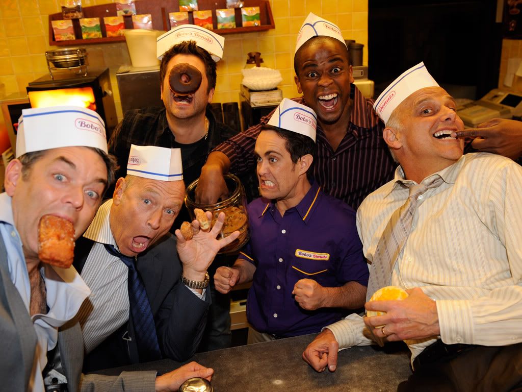 photo of the cast of last night gus in the donut shop--not actually in the episode