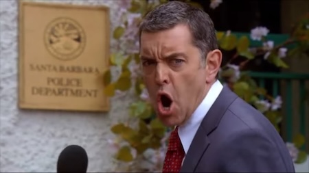 photo of Carlton Lassiter yelling at Shawn and Gus to 'cut it out' while he's doing an interview in Psych