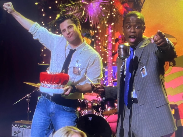 Screen shot of Shawn and Gus in the climactic moment of Murder? Anyone? Anyone? Bueller?