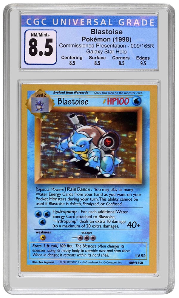 A Pokemon card for Blastoise, a large blue turtle with a brown shell and two cannon-looking fixtures on the shell. The card is in English and the drawing of Blastoise is holographic.