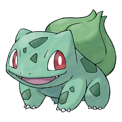 Bulbasaur, a grass-type Pokemon that looks like a green frog with a plant bud on its back