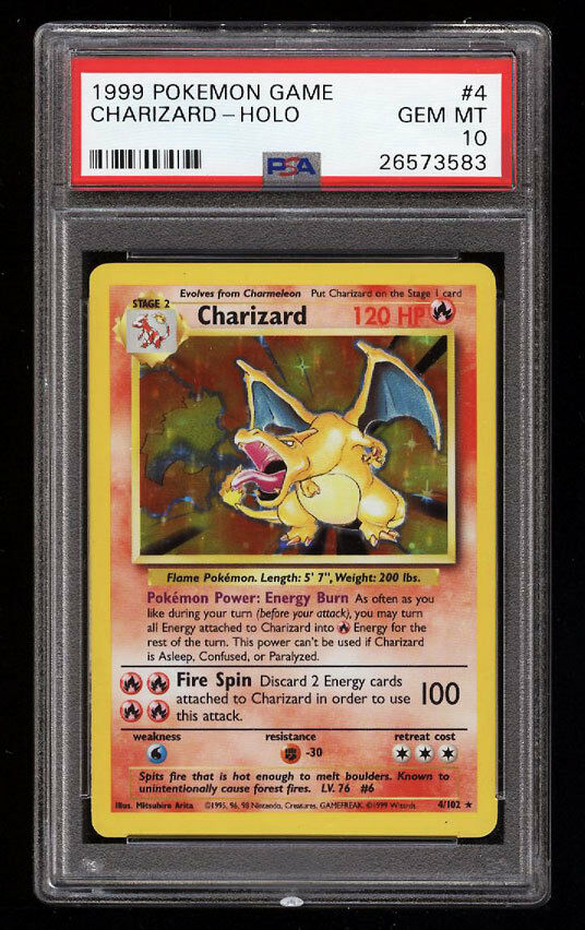 A Pokemon card for Charizard, an orange dragon Pokemon. The drawing of Charizard has no shadow and is holographic