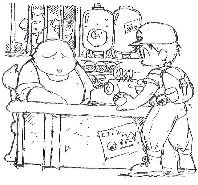 Concept art drawn by Sugimori. The artwork depicts a Pokemon trainer buying something from a shop. Behind the shopkeeper is a creature in a jar and two creatures in cages, as well as Pokeballs to catch the creatures.