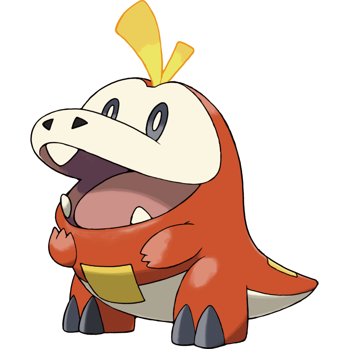 Fuecoco, a fire-type pokemon that looks like a little, orange crocodile/dragon