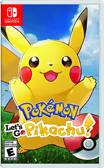 the cover for let's go pikachu! featuring an image of pikachu smiling with its mouth open at the viewer.