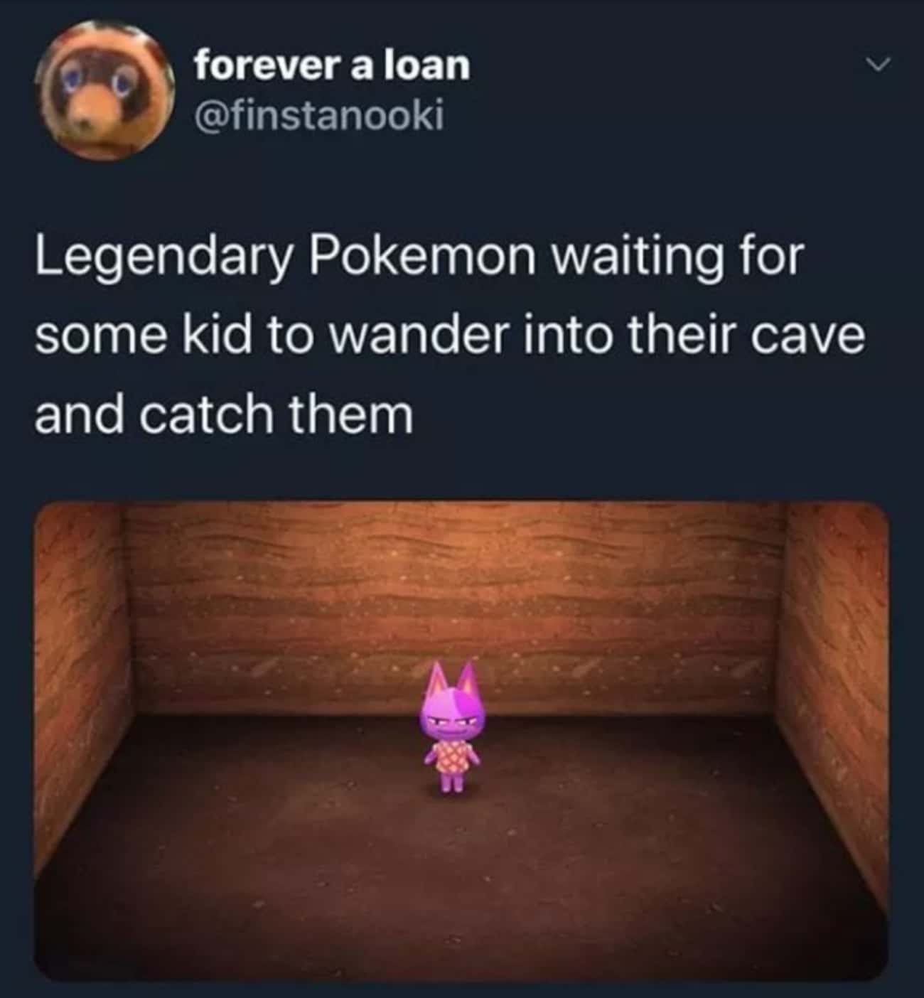 text from the image: Legendary Pokemon waiting for some kid to wander into their cave and catch them, along with an image of a pink cartoon character from Animal Crossing in a cave-like room