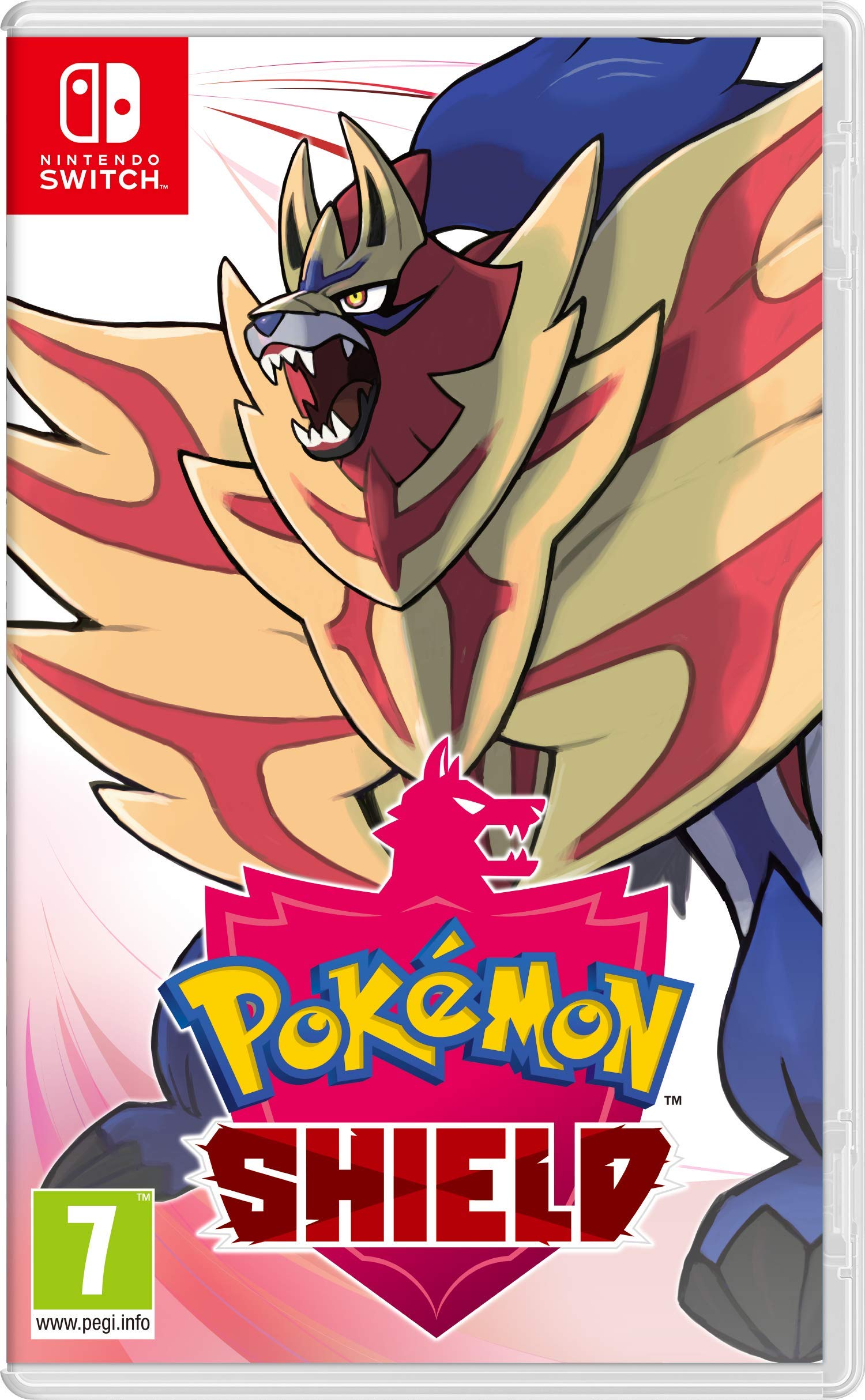 the cover of pokemon shield, featuring Zamazenta, a legendary pokemon only found in the game.