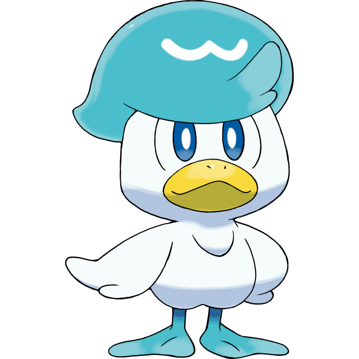 Quaxly, a water-type pokemon that looks like a white duckling with a blue pompadour hairdo