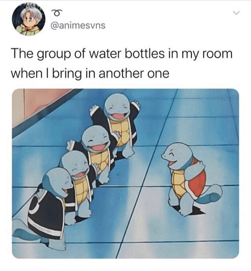 Text from the image: the group of water bottles in my room when I bring in another one, with an image of five turtle-like creatures. Four are in identical clothes, one is in different clothes, but all turtles are excited to see each other, with wide open mouths and closed eyes