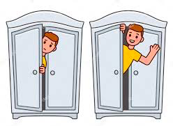 two pictures, side by side, of a wardrobe door opening and a person coming out. In the first picture, the person looks apprehensive and a bit sad. In the second, they are waving happily.