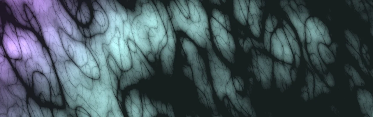 A purple to green ombre from left to right, covered by vine-like black swirls.