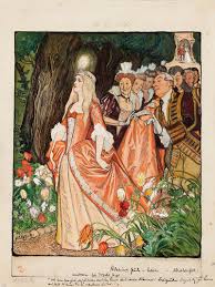 An illustrated picture of the story Adalmina's Pearl showing a princess walking through the forest with made lords and ladies following behind her.