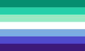 a picture of the seven-striped man-loving-man pride flag, going from dark green, to light green, to white, to light blue, to dark blue.