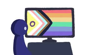 A stick figure watches a television screen with the progress pride flag on it.