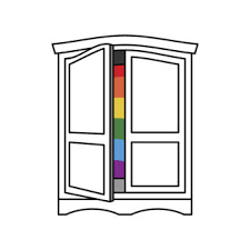 A wardrobe with a partially open door, revealing a rainbow pride flag inside the closet.