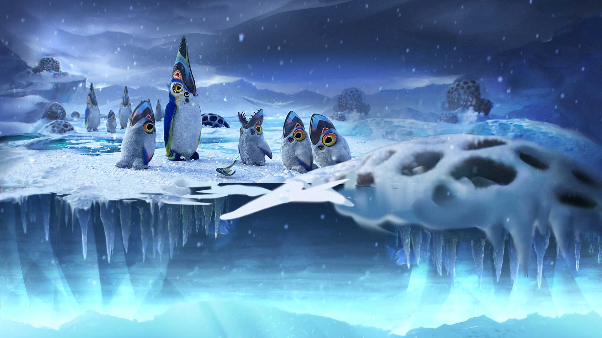 Five pengwings sit in the foreground. The environment is a snow landscape, snow falling from the sky. Several more pengwings sit in the background. The pengwings in the foreground are one adult and four babies standing around a captured fish. One of the babies has its mouth open atop its head, revealing its many sharp teeth.