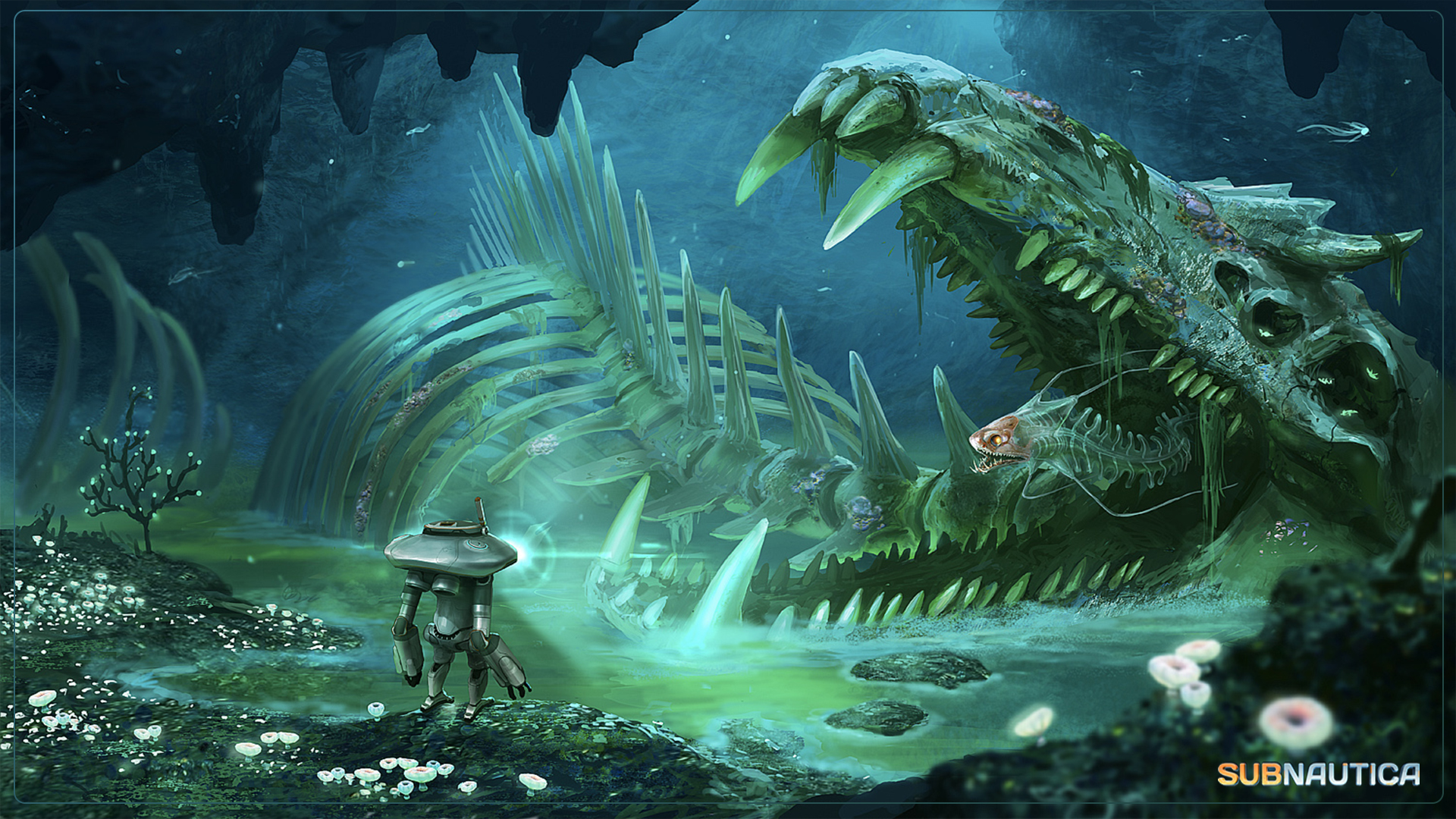 Subnautica concept art: a giant fanged skull sits agape on the right of the image. Its ribcage goes off towards the left. A prawnsuit, a large vehicle available in the game, stands before it, its lights illuminating the skull.