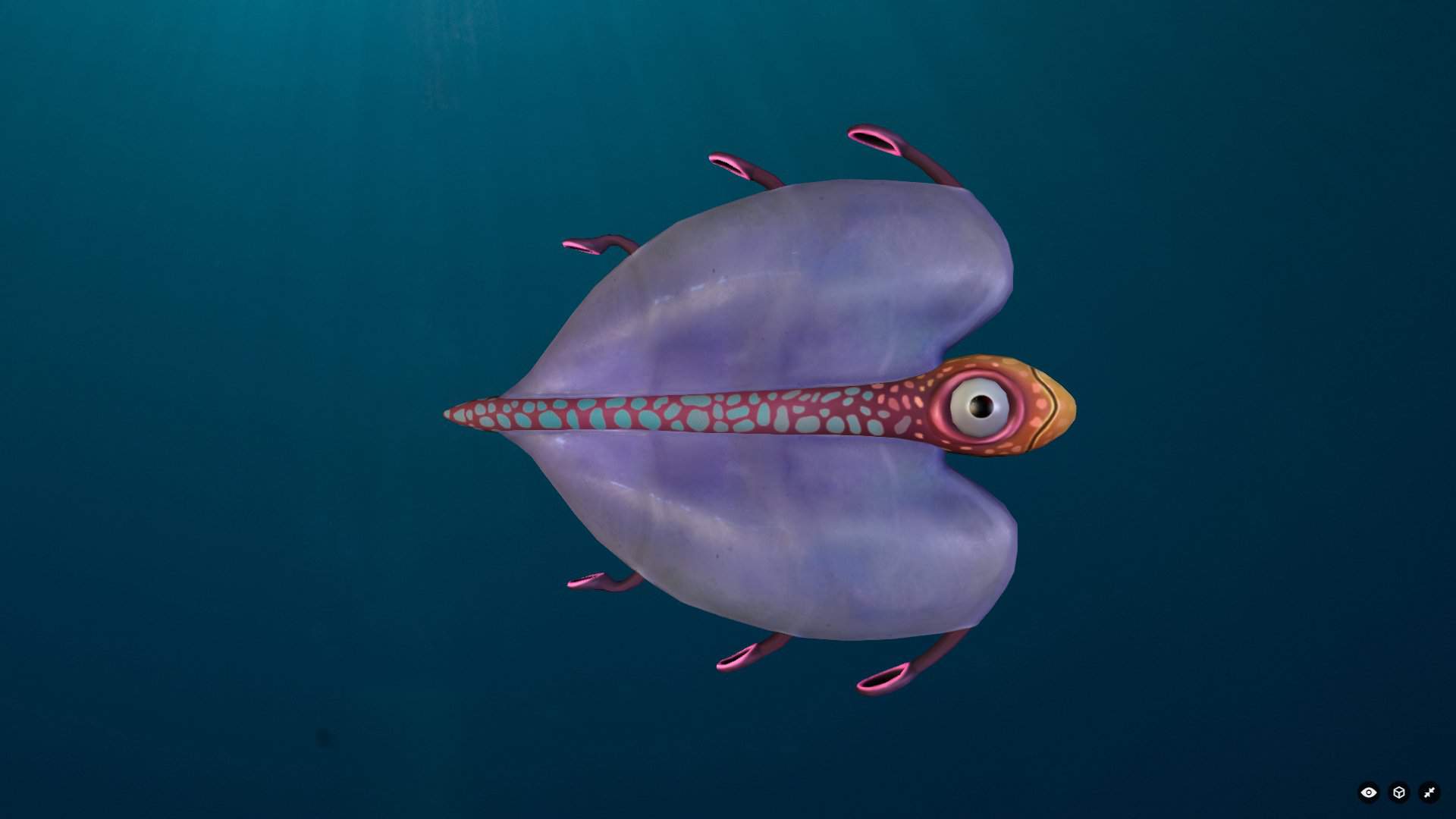 The bladderfish. A small, heart-shaped purple fish with six little orange fins, an orange body, and a singular eyeball.