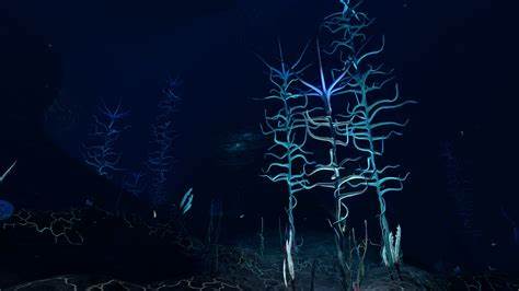 the water is nearly pitch black, limiting visiblility. The only sources of light are the tall, light blue plants that take up the foreground and background.