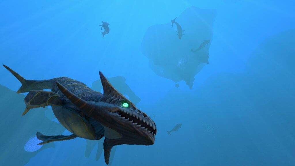 The boneshark. A gray, muscular fish with glowing green eyes. Three horn-like bones jut out from its head.