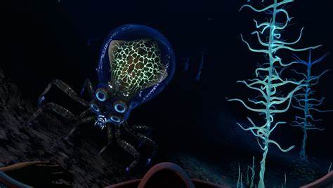 A crabsquid in the blood kelp zone. A large, bulbous see-through head with a glowing organ visible inside. Four circular blue eyes above a set of fangs. Six crablike legs skuttle across the sea floor.