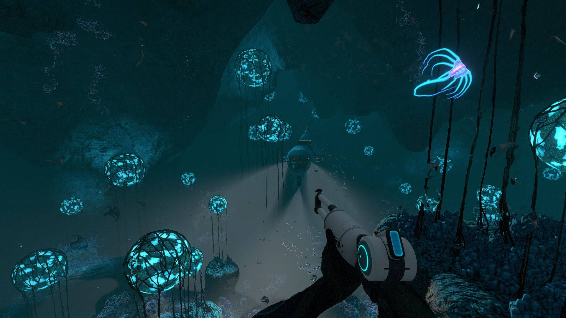 A dark, underwater cave illuminated by circular plants connected to the ground by dark vines. A glowing squid creature is swimming across the screen.