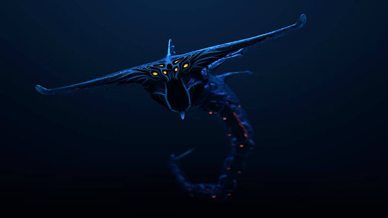 The ghost leviathan. A glowing blue creature with a wide head shaped like a hammerhead shark. Six front-facing eyes glow out of the darkness. The leviathan's organs visibly glow gold inside its long, snakelike body.