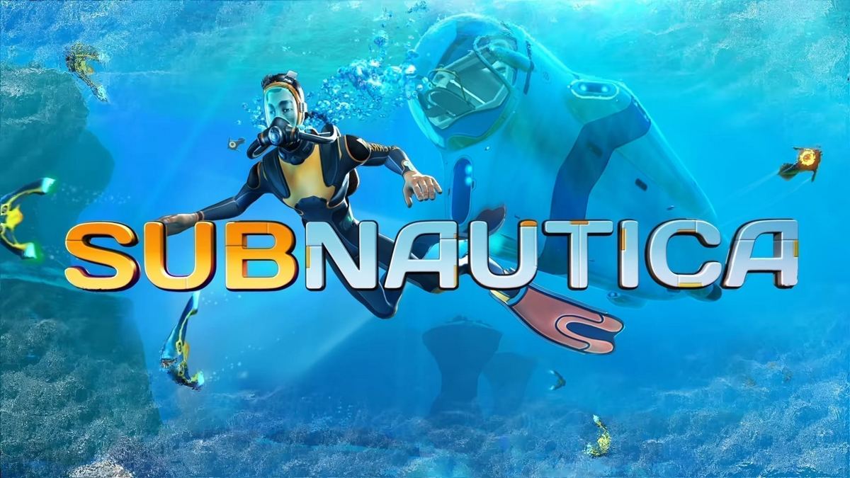 Cover art for the game Subnautia with the main character in scuba gear in the foreground and a large submarine in the background. The title Subnautica is written across the center of the art