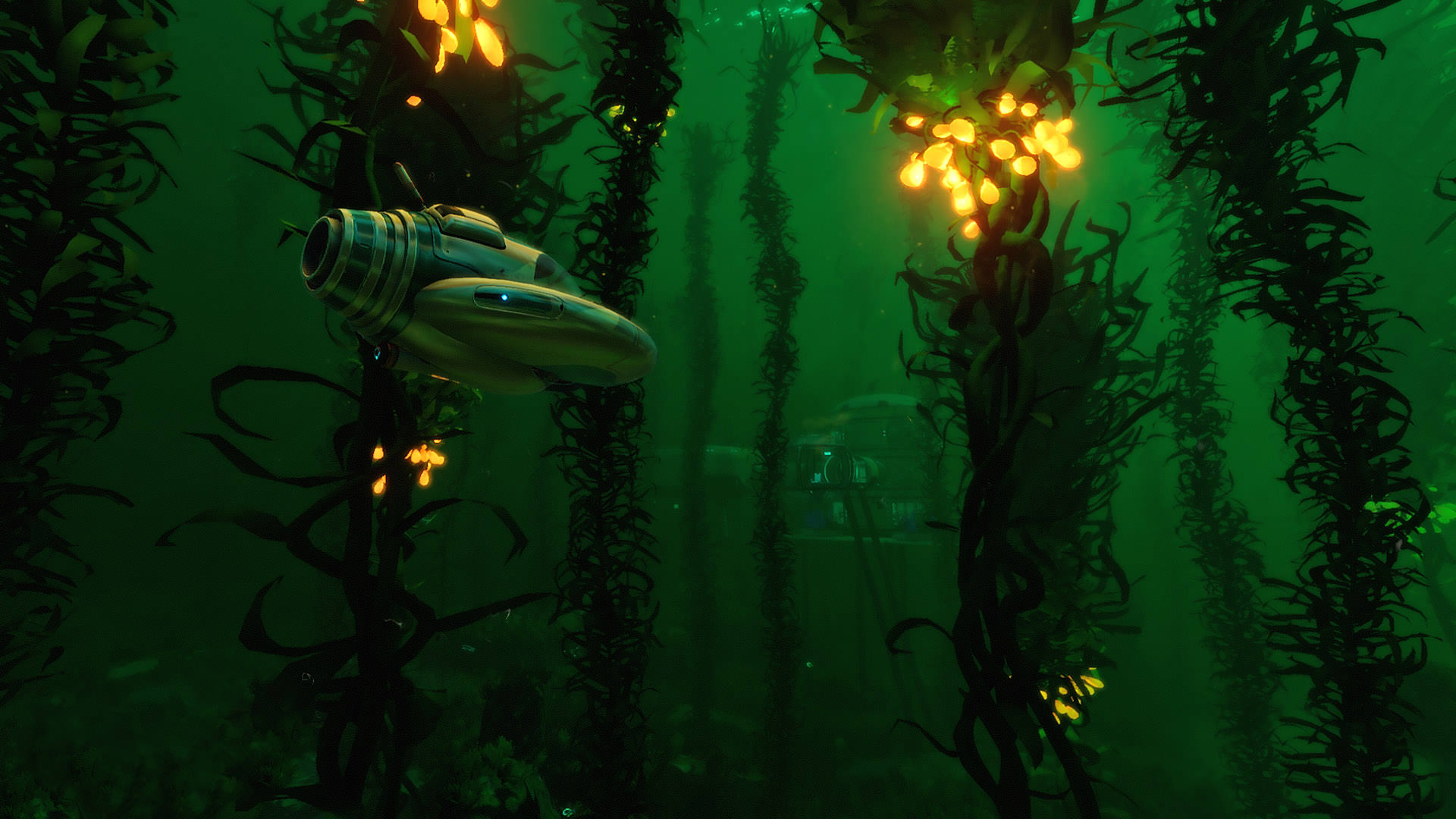 the water is green and dark. Tall strands of kelp take over most of the screen. Small golden clusters illuminate the area. A Seamoth, a small underwater vehicle, sits suspended in the water in the middle of the image.