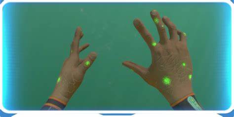 The player's hands are held up to the camera. Bright green circular postules have begin to form across the character's skin.