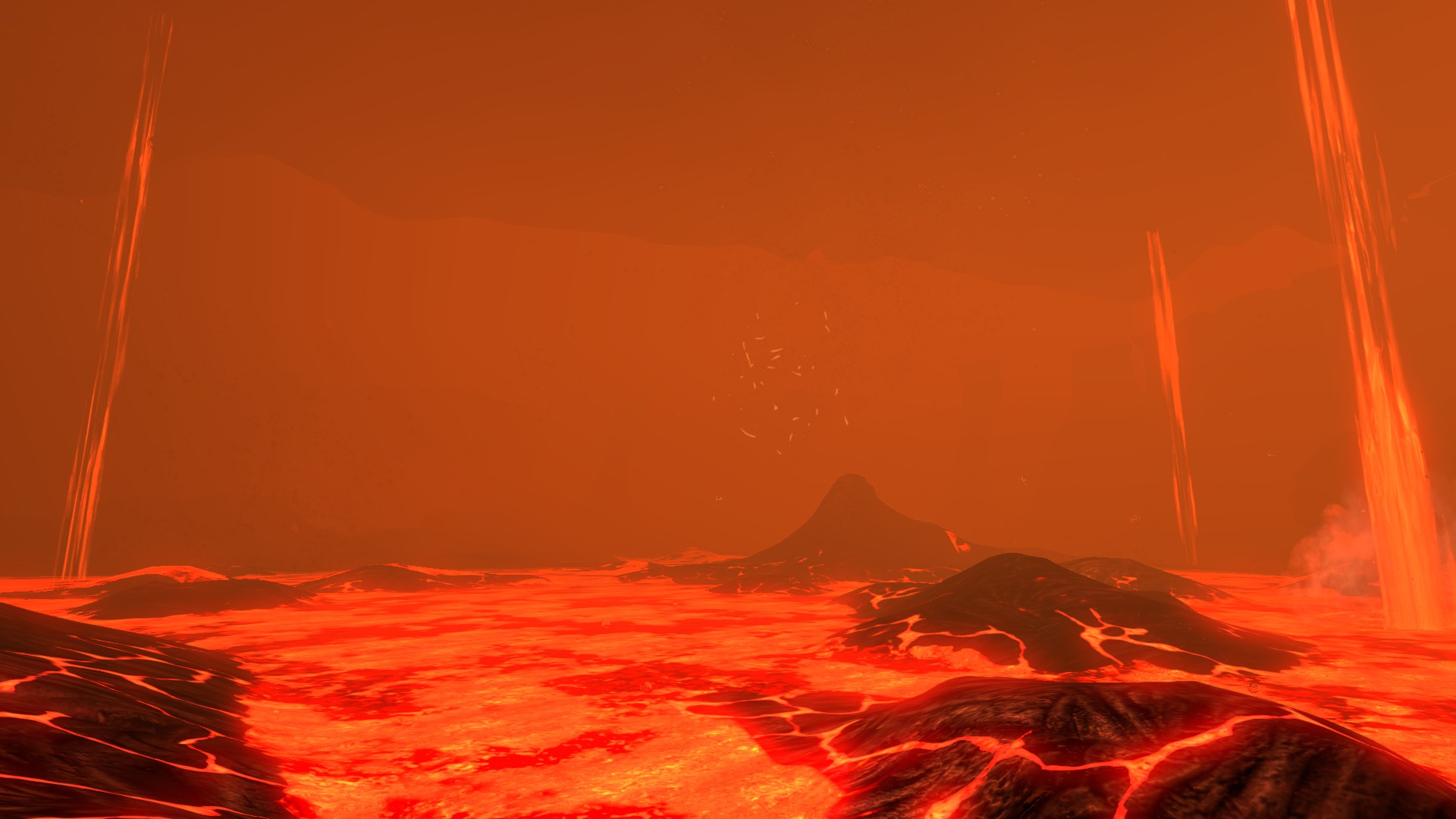 an underwater cave filled with pools of lava. Three lavafalls flow from the middle and background.