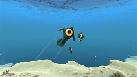 The peeper. A small blue-green fish with a giant yellow eye and two little find on either side.