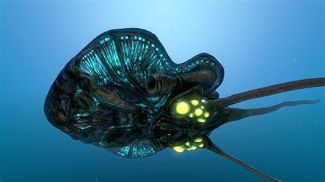 The underside of the reefback. A large, round creature, the bottom looks like the underside of a mushroom. Green orbs glow beside its three tentacles.