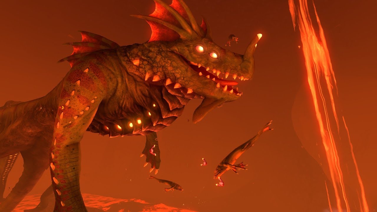 The sea dragon leviathan swimming through magma. Its body is muscular and green, covered in sharp, golden scales and red fins. Two golden eyes are visible on one side of its head. Its mouth is slightly agape, revealing its many jagged teeth.