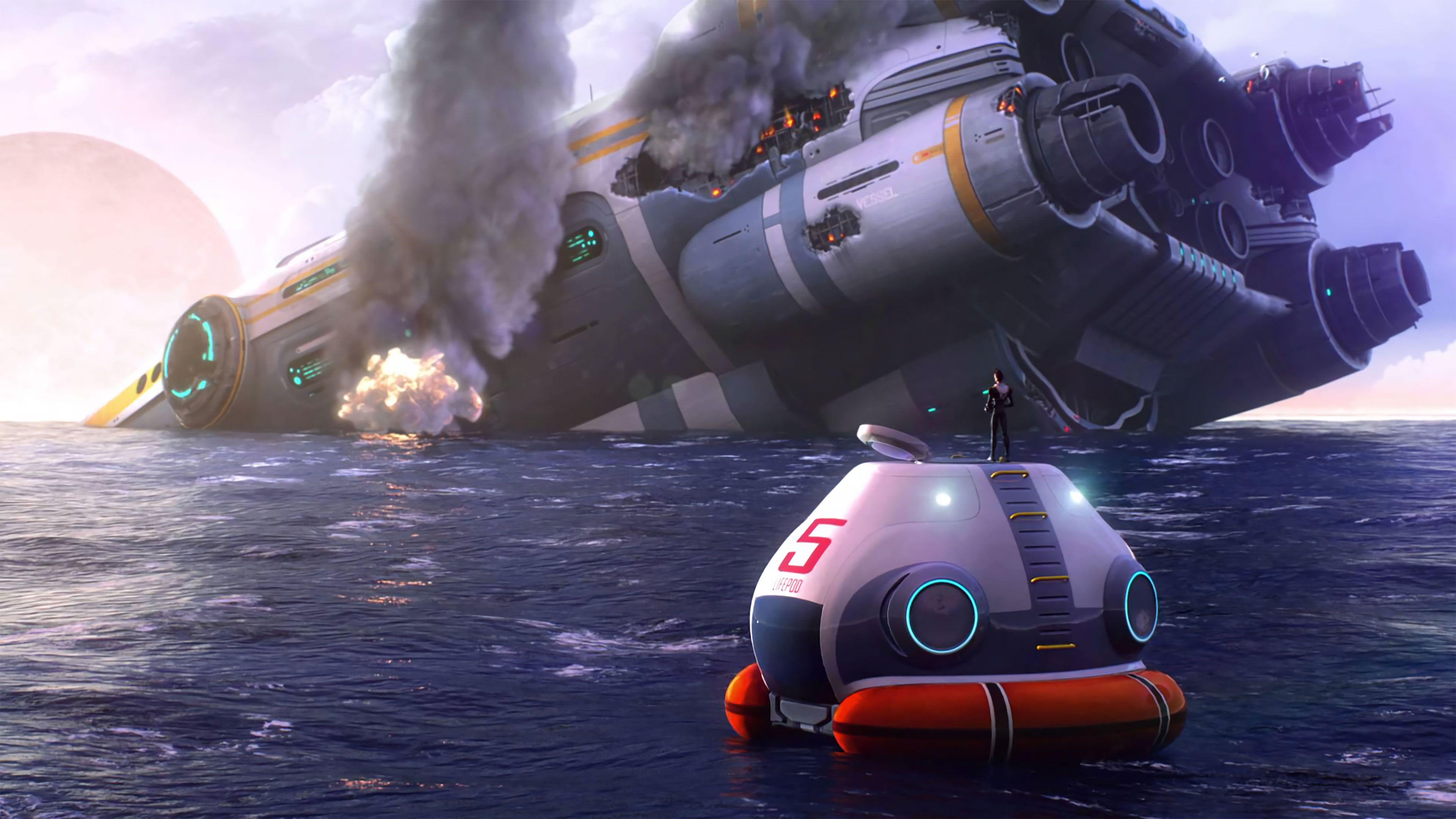 In the foreground, Subnautica's protagonist stands on a lifepod with the number 5 written on its side. He is looking up at the Aurora, a giant spaceship, sticking out of the water. Smoke and fire rise from its side.