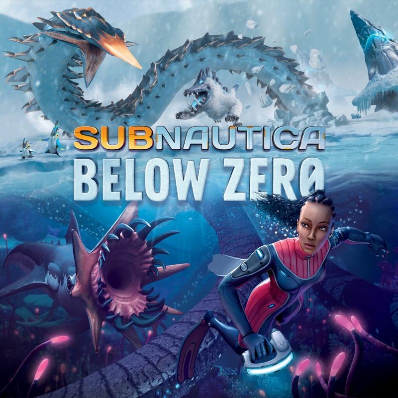 The cover art for Subnautica: below zero. In the foreground, protagonist Robin swims away from an aggressive octopus-like fish that pursues her with its circular mouth agape. The fauna of the game litters the sea floor. Atop the image, a furry, fanged creature with white fur is running across an icy landscape. Above that creature, a white, wormlike beast covered in jagged black spikes arches in waiting. A red-hot spike juts from atop its head.