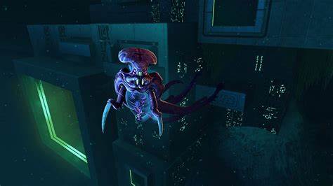 The warper in front of an underwater base. A purple creature with a bulbous head and four small, dark eyes. Two long, arched claws just out from its chest. Six tentacles trail from behind it.